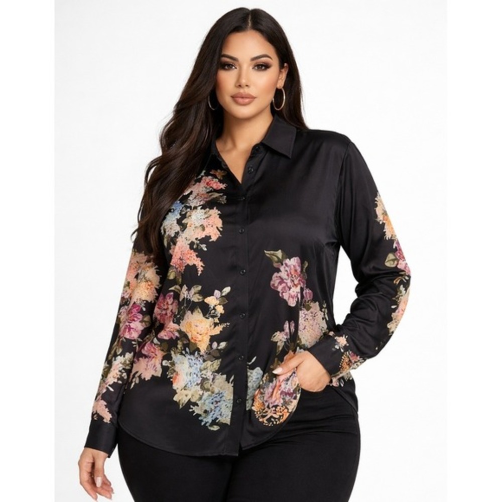 WD.NY Black Floral Satin Button-Up Blouse